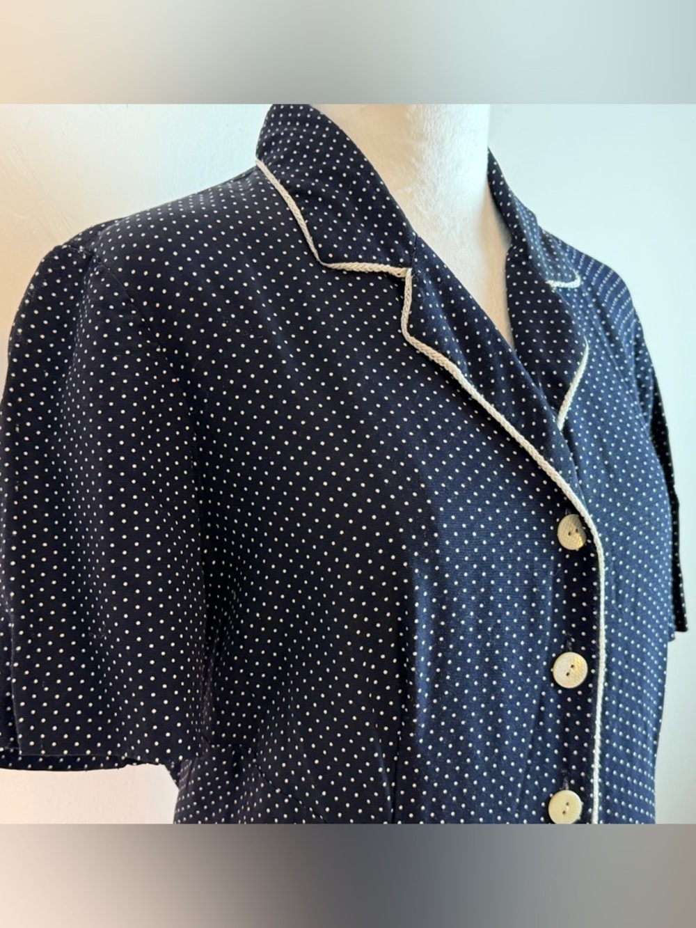 Vintage 1950’s Navy Polka Dot Button-Front Shirtwaist Midi Length Dress Medium - Picture 3 of 7